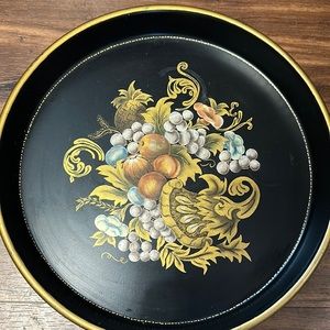 Vintage painted metal tray black background flowers gold trim